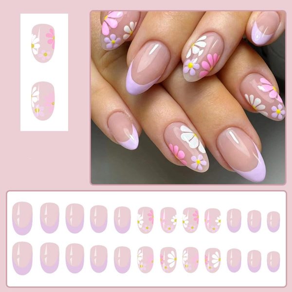 Short Press on Nails Almond Fake Nails French Tip False Nails with Colorful Flower Design Glue on Nails Glossy Full Cover Stick on Nails Cute Acrylic Nails for Women Spring Manicure 24Pcs