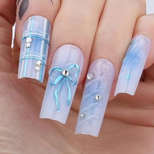 Blue Chrome Bow Long Square Press On Nails 3d Gel Naturals Fake Nails Sea Water Handmade Design Milky White Acrylic Nails 24pcs Glossy Full Cover False Nails