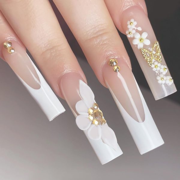 Press on Nails Long Coffin Shaped Glossy Full Cover Acrylic Long Length French False Nails with Designs Artificial Long Square Fake Nails with Charms Glue ons Fingernails for Women()