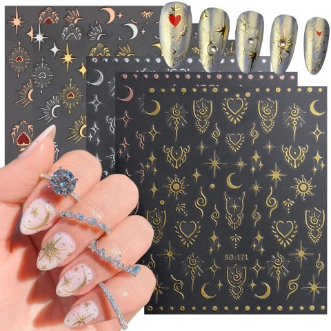 Metallic Star Nail Stickers: 6 sheets per pack. Moon nail stickers. 3D self-adhesive nail art supplies. Sun, star, heart. Vintage rose gold, silver. Starlight glitter nail design stickers. Women's DIY nail art decorations.