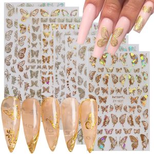 Butterfly Nail Stickers: Gold, 3D, luxurious nail art supplies. Butterfly gold and silver nail decorations. Women's DIY acrylic nail art accessories.
