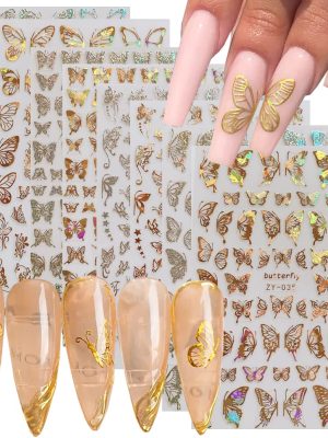 Butterfly Nail Stickers: Gold, 3D, luxurious nail art supplies. Butterfly gold and silver nail decorations. Women's DIY acrylic nail art accessories.