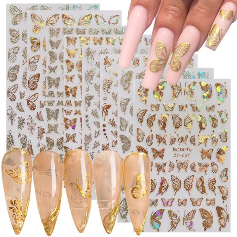 Butterfly Nail Stickers: Gold, 3D, luxurious nail art supplies. Butterfly gold and silver nail decorations. Women's DIY acrylic nail art accessories.