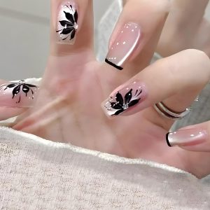 Winter Flower Press on Nails Black French False Nails Glossy Pink Cat Eye Acrylic Fake Nails 24Pcs Rhinestones Gel Glue on Nails for Manicure Flower Stick on Medium Square Nail for Coquette Women Girl