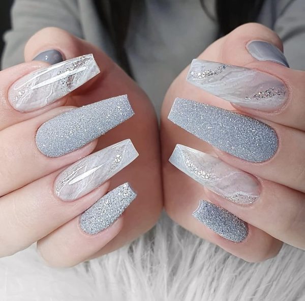 Press on Nails - Long Coffin Glue on Nails with Gray Ombre, Acrylic Bling Glitter Design 24 pcs