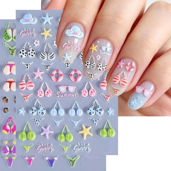 2 Sheets Summer Bikini Nail Stickers 5D 3D Embossed Beach Nail Art Decals, Self-Adhesive, Cute Swimsuit Cap Sunglasses Starfish Nail Stickers, Colorful Summer Pool Party Nail Art Supplies (Women's)