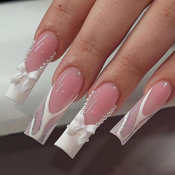 French Tip Press on Nails Long Square Fake Nails Glossy Coffin False Nails with Bow Rhinestone Glitter White French Tip with Pearl Designs Reusable Acrylic Nails for Women Girls Manicure 24Pcs