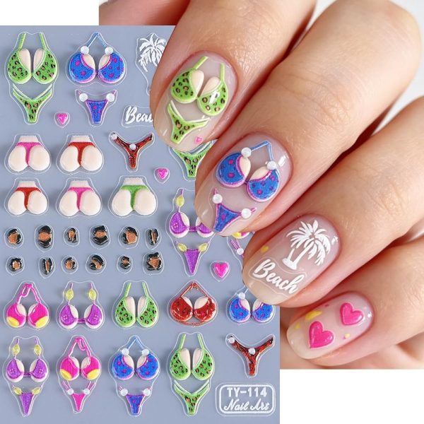 2 Sheets Summer Bikini Nail Stickers 5D 3D Embossed Beach Nail Art Decals, Self-Adhesive, Cute Swimsuit Cap Sunglasses Starfish Nail Stickers, Colorful Summer Pool Party Nail Art Supplies (Women's)