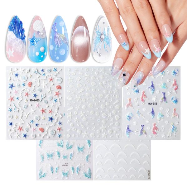 French Nail Stickers – 3D embossed ocean blue mermaid seashell pearl nail stickers. Nail stickers suitable for nail art design. Women's and children's DIY nail art supplies. Perfect nail stickers.