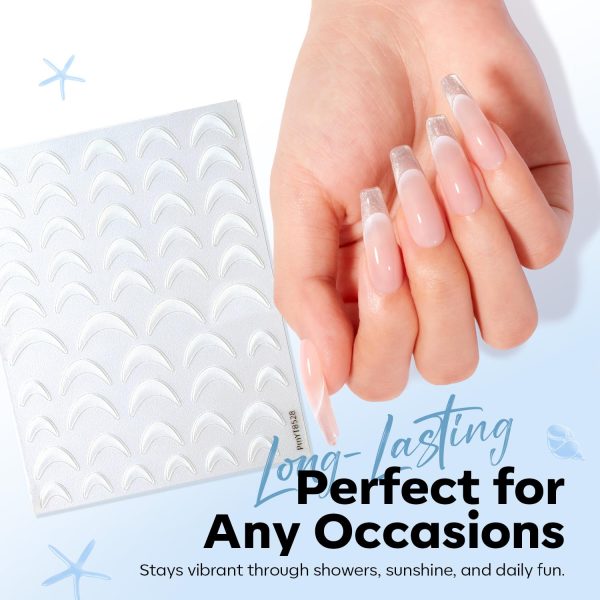 French Nail Stickers – 3D embossed ocean blue mermaid seashell pearl nail stickers. Nail stickers suitable for nail art design. Women's and children's DIY nail art supplies. Perfect nail stickers.
