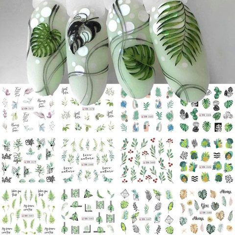 12 Green Leaf Nail Stickers - Water Transfer Nail Stickers Tropical Rainforest Leaf Series Nail Stickers, Acrylic Nail Accessories, for Women and Girls
