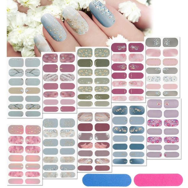 140 Sheets 10 Sheets Glitter Full-Coverage Nail Stickers Women's Only UV-Free Short Nail Polish Stickers, Includes 2 Nail Files Gradient Stickers Self-Adhesive Easy DIY Nail Stickers Holiday Decorations