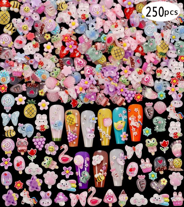 1 Pack of 250 Cute and Sweet 3D Nail Art Decorations, Suitable for Acrylic Nails, Perfect for Nail Art Decorations and DIY Accessories, Flower Bee Pineapple Bear Nail Art Decorations (#1-Multiple Colors)