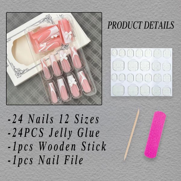 French Tip Press on Nails Long Square Fake Nails Glossy Coffin False Nails with Bow Rhinestone Glitter White French Tip with Pearl Designs Reusable Acrylic Nails for Women Girls Manicure 24Pcs