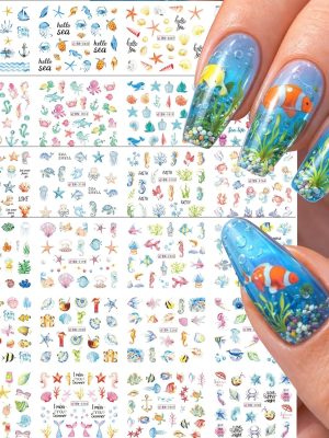 Ocean Nail Stickers: 48 ocean-themed nail sticker designs, including seashells, starfish, jellyfish, and other marine motifs. DIY watermark stickers, perfect for beach vacations. 4 sheets per pack.