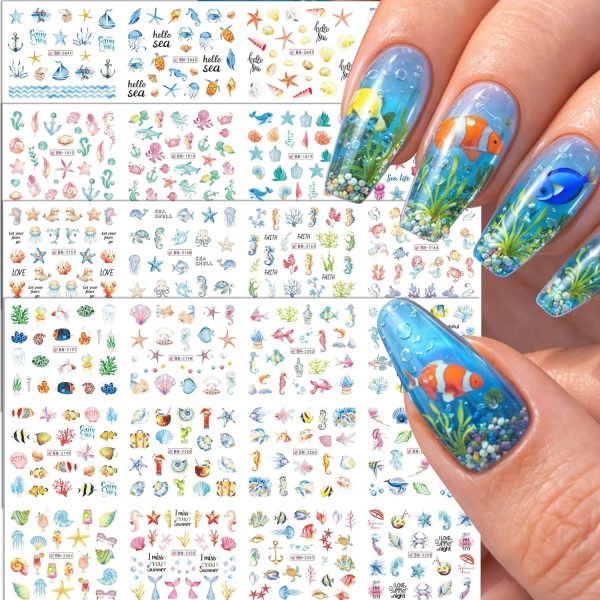 Ocean Nail Stickers: 48 ocean-themed nail sticker designs, including seashells, starfish, jellyfish, and other marine motifs. DIY watermark stickers, perfect for beach vacations. 4 sheets per pack.