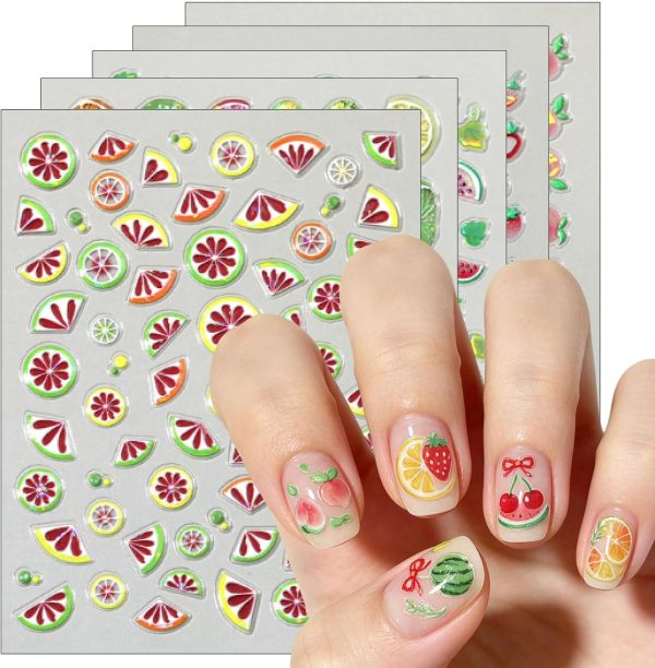 5-Sheet Summer Nail Art Stickers, 5D Embossed Fruit Nail Art Stickers, Lemon Kiwi Nail Art Stickers, Colored Nail Art Stickers, DIY Nail Art Stickers, Women's Nail Art Stickers