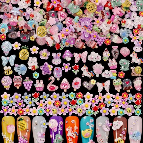 1 Pack of 250 Cute and Sweet 3D Nail Art Decorations, Suitable for Acrylic Nails, Perfect for Nail Art Decorations and DIY Accessories, Flower Bee Pineapple Bear Nail Art Decorations (#1-Multiple Colors)