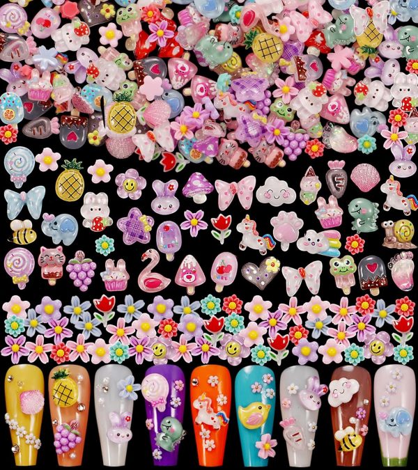1 Pack of 250 Cute and Sweet 3D Nail Art Decorations, Suitable for Acrylic Nails, Perfect for Nail Art Decorations and DIY Accessories, Flower Bee Pineapple Bear Nail Art Decorations (#1-Multiple Colors)